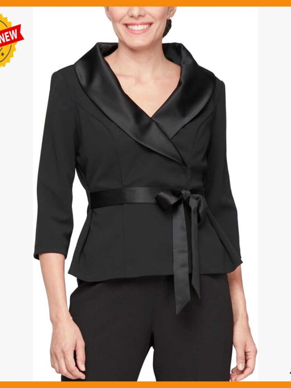 3/4 Sleeve Tuxedo Top with Tie Waist, Formal Blouse, Petite and Regular Sizes